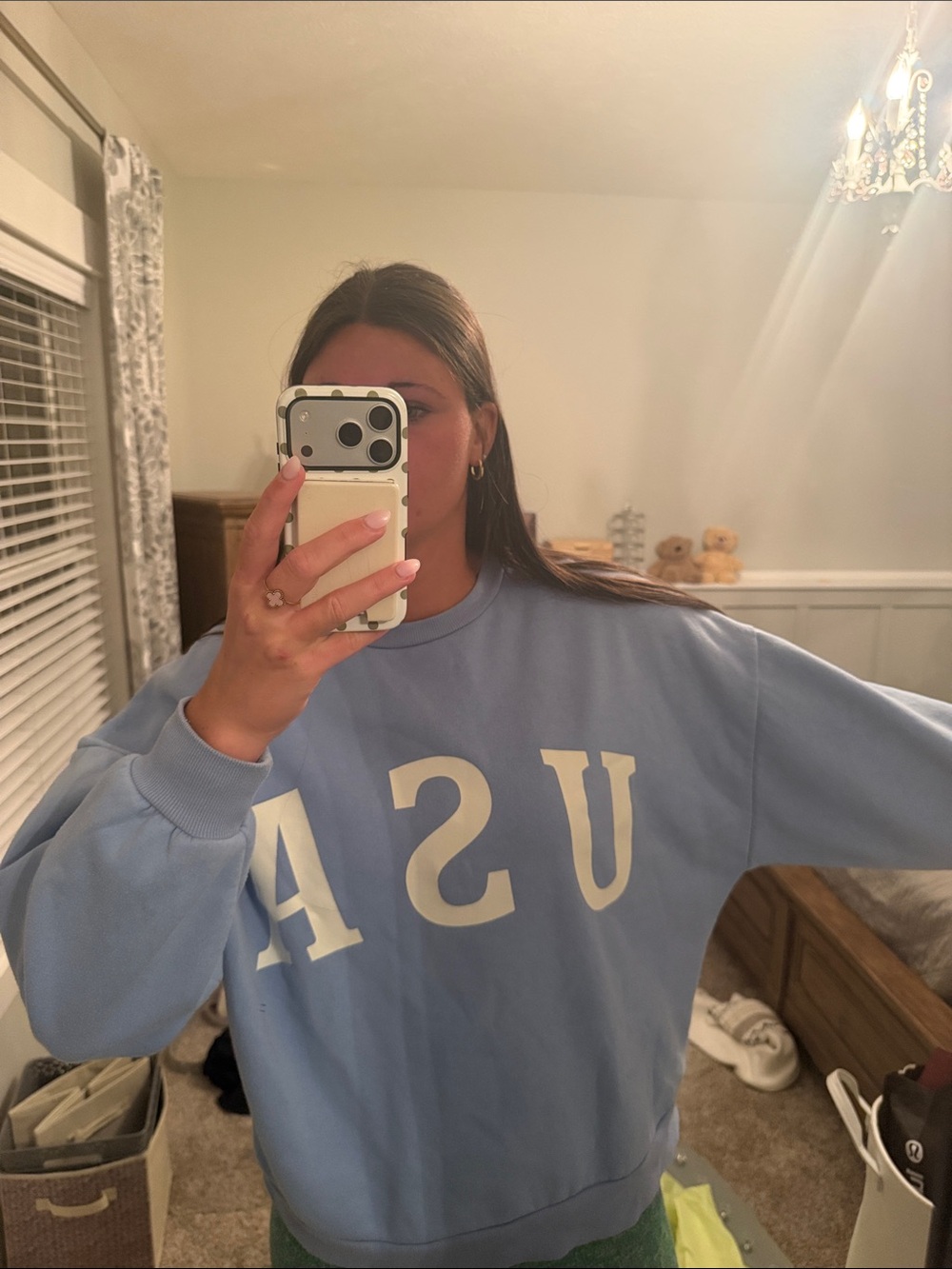 Zenana Outfitters Light Blue Crewneck Sweatshirt with Cream USA Lettering